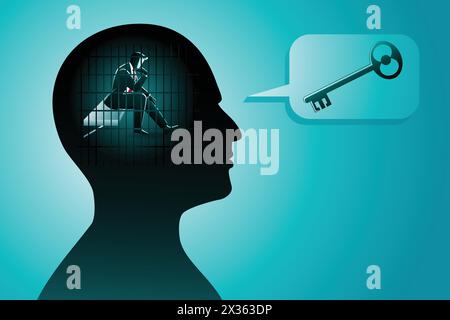 Vector illustration of a businessman in human head being in jail while thinking a key, symbol of problem solving Stock Vector