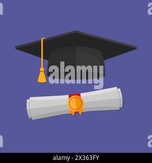 Graduation cap and rolled diploma . Flat style Stock Vector