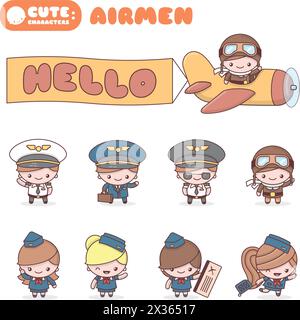 Cute chibi kawaii characters profession set: Firefighters. Flat cartoon ...