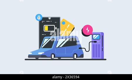 Electromobility e-motion concept. Flat vector illustration of a electric car charging on the charger station point. Modern flat illustration. Stock Vector