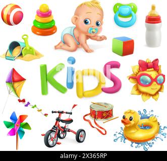 Kids and toys. Children playground, 3d vector icons set Stock Vector
