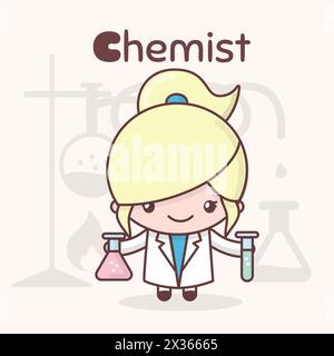 Cute chibi kawaii characters. Alphabet professions. The Letter C - Chemist. Flat cartoon style Stock Vector