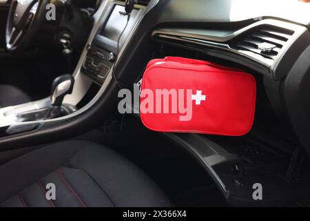 First aid kit with medicaments inside car Stock Photo