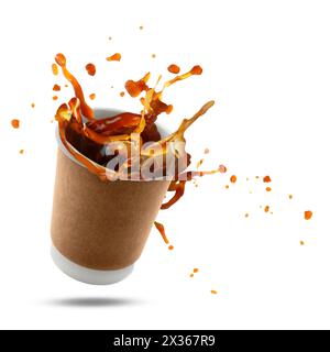 Aromatic coffee splashing in takeaway paper cup in air on white background Stock Photo