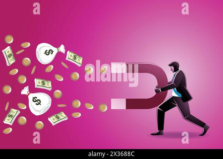 Vector illustration of businessman holding a big magnet pull money Stock Vector