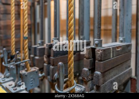 Theater stage rigging with theatrical equipment, lighting, supports ...