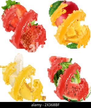 Fruits and berries in splash of juice. Mango, banana, watermelon, strawberry. 3d realistic vector Stock Vector