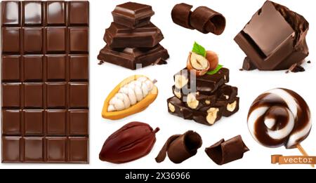 Realistic Chocolate. Chocolate bar, candy, pieces, shavings, cocoa beans and hazelnuts. 3d vector set Stock Vector