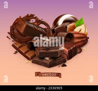 Realistic Chocolate. Chocolate bar, splash, candy, pieces, shavings, cocoa bean and hazelnut. 3d vector Stock Vector
