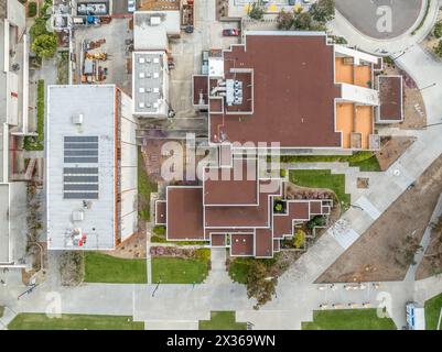 Aerial view of the Institute for Nonlinear Science, futuristic building with squares on top of each other, flat roof at the University of California S Stock Photo