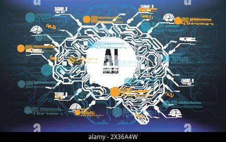 Futuristic design of an Artificial Intelligence brain with futuristic hud elements. Abstract glowing colorful digital brain with circuit background. A Stock Vector