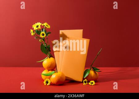 Red background featured some envelopes in yellow color and tangerines. Flowers decorated. The Chinese lunar calendar is used to determine the Chinese Stock Photo