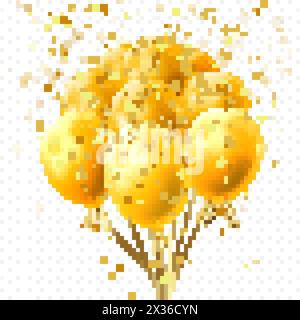 Yellow balloons and golden star confetti for birthday party or balloon festival design. Vector glossy 3D realistic yellow, glossy baloon on transparen Stock Vector