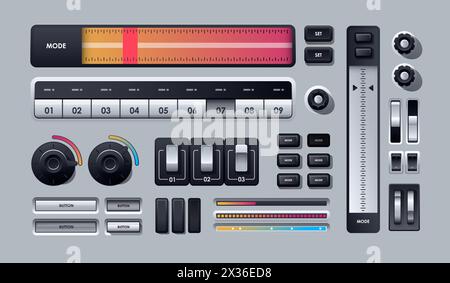 User interface elements. Set of Realistic Web buttons. Modern UI elements set including switches and push buttons. Stock Vector