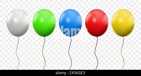Balloon 3D vector realistic isolated on transparent background. Birthday party colorful ballons with threads and white celebration balloon with glossy Stock Vector