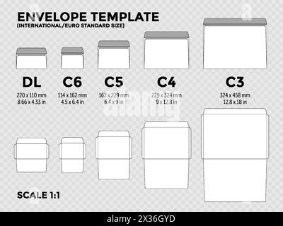 Envelope template with international, euro standard sizes c6, c5, c4, c3 for folded a4, a5 paper with cut lines. Vector illustration Stock Vector