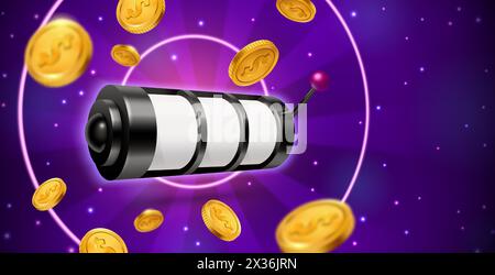 3d slot machine with wheel and handle lever surrounded by flying golden dollar coins. Realistic vector illustration purple banner with casino jackpot gambling device for winner and fortune chance. Stock Vector