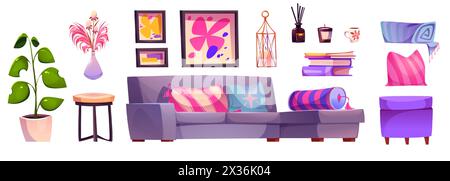 Pink living room furniture for home interior design vector. Modern house lounge with couch, armchair, lamp, round table, scandinavian picture and flower in vase. Livingroom indoor clipart set Stock Vector