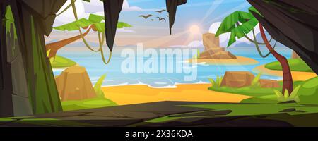 View from inside of cave through hole entrance on empty sea or ocean sand beach with palm trees, green grass and rocks. Cartoon vector summer landscape with underground grotto for jungle adventure. Stock Vector