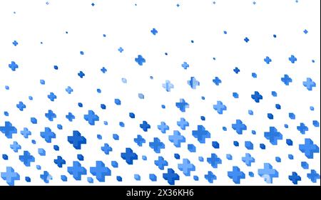 Medical cross background. Abstract vector pattern for hospital and pharmacy 3d symbols. Blue math pluses border on white backdrop. Seamless ornament Stock Vector
