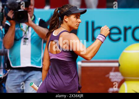 Maria Lourdes Carle of Argentina celebrates after winning against Emma Raducano of Great Britain during the Mutua Madrid Open 2024, ATP Masters 1000 and WTA 1000, tennis tournament on April 24, 2024 at Caja Magica in Madrid, Spain Stock Photo