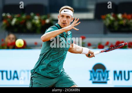 Denis Shapovalov of Canada in action against Facundo Diaz Acosta of Argentina during the Mutua Madrid Open 2024, ATP Masters 1000 and WTA 1000, tennis tournament on April 24, 2024 at Caja Magica in Madrid, Spain Stock Photo