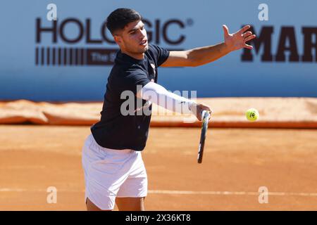 Carlos Alcaraz of Spain practices during the Mutua Madrid Open 2024, ATP Masters 1000 and WTA 1000, tennis tournament on April 24, 2024 at Caja Magica in Madrid, Spain Stock Photo
