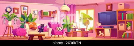 Living room interior with girly pink furniture and decorative elements. Cartoon vector cute female house indoor with cozy cabinetry - sofa and armchair, ottoman and table, tv and plants in pots. Stock Vector
