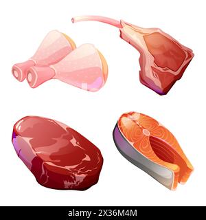 Meat and fish slices set isolated on white background. Vector cartoon illustration of raw beefsteak, chicken legs, lamb rack and piece of salmon, fresh ingredients for bbq party meal, picnic menu Stock Vector