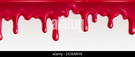 Red jam drip. Strawberry syrup liquid flow texture. Melt raspberry jelly fluid design. Isolated sweet pink realistic marmalade molten border. Falling wave effect with tasty dessert stream flowing Stock Vector