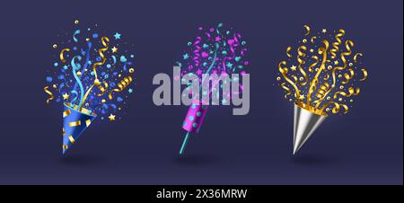 Set of firecrackers with confetti isolated on background. Vector realistic illustration of 3d poppers with color hearts and streamers flying in air, celebration party design element, glitter explosion Stock Vector