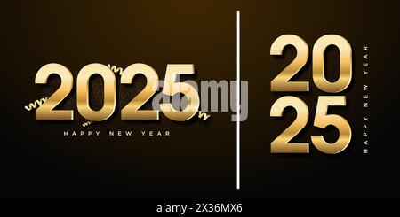 2025 new year celebration with golden numerals and elegant 3d ribbon decoration is a luxury concept. 2025 number design.for flyers, banners. Stock Vector