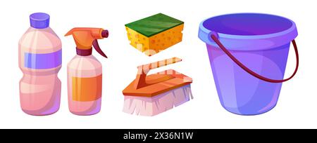Home cleaning instruments and detergents set isolated on white background. Vector cartoon illustration of spray bottle with washing substance, brush and sponge, empty bucket, house hygiene tools Stock Vector