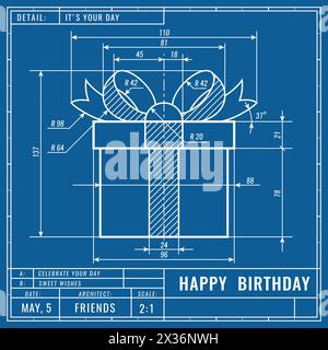 Gift box as technical blueprint drawing. Birthday technical concept. Mechanical engineering drawings. Greeting vector banner, cover, poster, flyer or Stock Vector