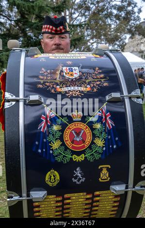 A return servicemen with his drum at the ANZAC Day march at the Shrine of Remembrance. Melbourne, Victoria, Australia. Stock Photo
