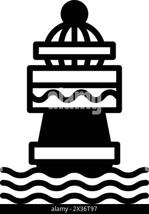 A lighthouse is shown in the water. The lighthouse is black and white Stock Vector