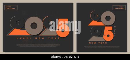 Happy New Year 2025 with a unique number logo and slightly dark colors on a black background. New year celebration 2025. Stock Vector