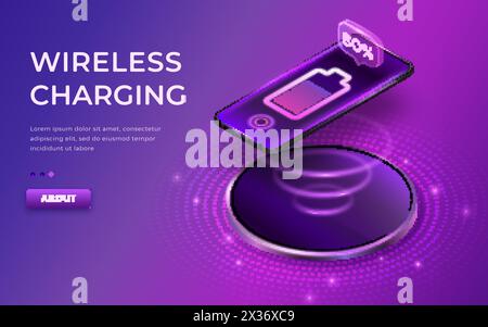 Wireless charging vector concept. Black smartphone on wireless charger. Phone charger without cable. Isometric cell phone and icon battery. Progress o Stock Vector