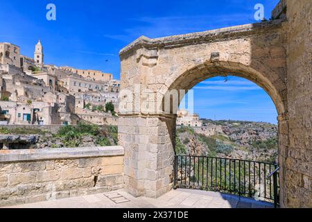 Skyline of the Sassi di Matera from Square San Pietro Caveoso, Italy: view of the Murgia Materana. Stock Photo