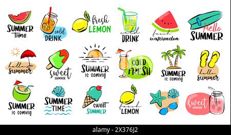Set of hand drawn signs and banners elements travel. Hello summer symbols and objects. Stock Vector