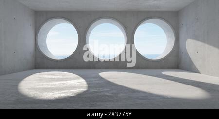 Abstract large, empty, modern concrete room with row of three round tube opening with ocean background and rough floor - industrial interior backgroun Stock Photo