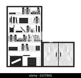 Bookshelves with wooden cabinet black and white 2D line cartoon object Stock Vector