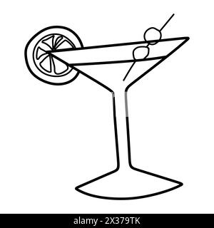 Cosmopolitan Cocktail doodle icon, Vector illustration. Isolated on White Alcohol Beverage, Martini Glass with Olives, Lime Slice. Hand drawn Linear C Stock Vector