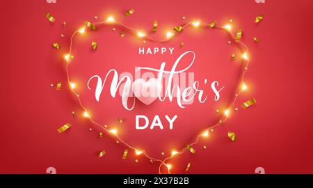 Mother's Day Poster or banner with love heart and symbol of heart from LED lights on red background.Promotion and shopping template or background for Stock Vector