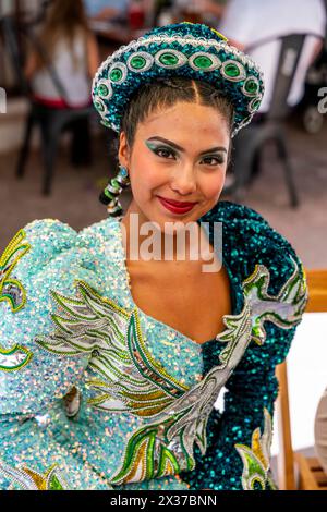 A Portrait of An Attractive Dancer At La Fiesta de la Virgen de la Candelaria, San Pedro de Atacama, Antofagasta Region, Chile. Stock Photo