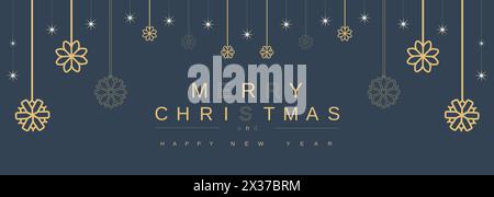 Horizontal banner on a dark background with snowflakes merry christmas and happy new year. Gold. For social network and web. Stock Photo