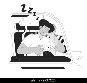 Latin man falling asleep while driving black and white cartoon flat illustration Stock Vector