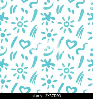 Strokes of sunscreen cream seamless pattern. Texture of lotion, spray, oil, toothpaste smudges. SPF cosmetic products touches. Sun, heart, smile, blob smears shapes. Vector illustration. Flat design Stock Vector