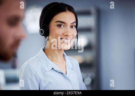 Woman, portrait and help with technical support at call center with customer care, advice or feedback. Virtual, employee and contact us for problem Stock Photo