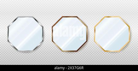 Realistic octagonal mirrors in metal, bronze and gold frames. Reflective glass plate. 3d vector isolated on transparent Stock Vector